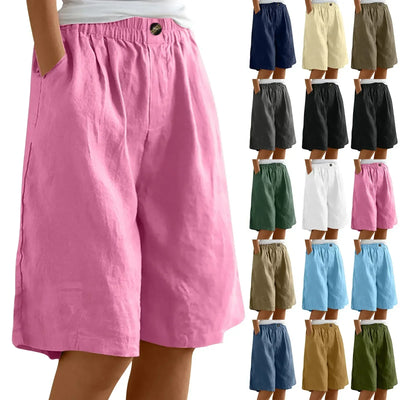 Women's Fashion Solid Color Cotton Linen Shorts - Loose Elastic Waist Capris with Pocket and Button Up Design