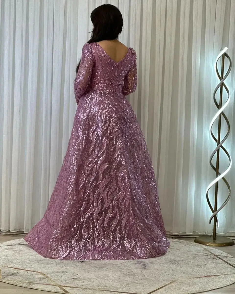Custom Elegant Purple Women's Prom Dress With O-Neck Long Sleeve Wavy Pattern Sequin Vestidos Party Evening Dress Customiz