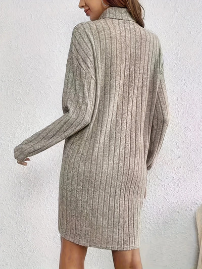 Cozy Casual Turtleneck Dress for Women - Long Sleeve, Ribbed Knit, Mid-Length with Side Stripes - Perfect for Fall/Winter