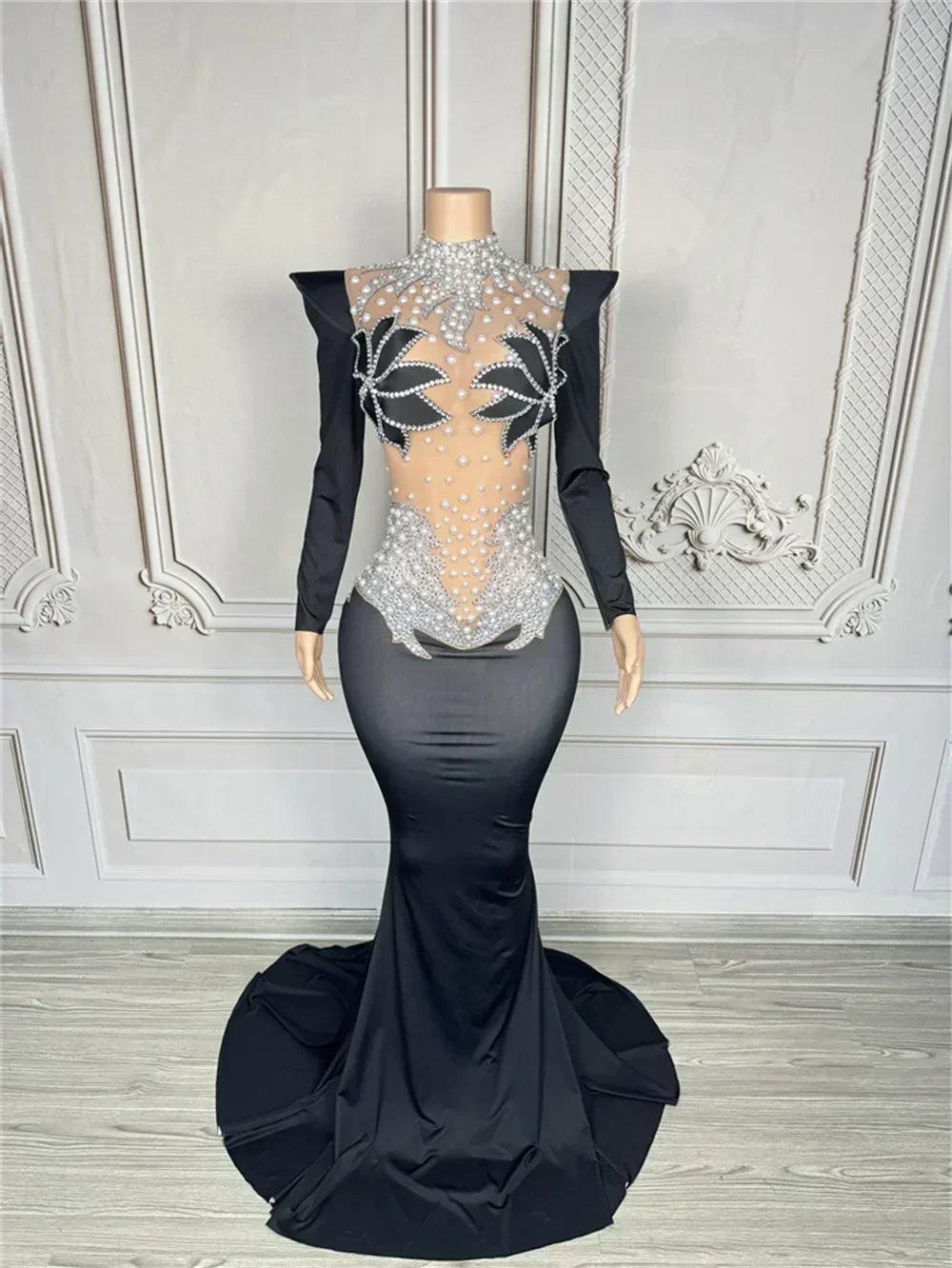 Women luxury evening party elegant gowns sing stage performance costume white pearls see through mesh maxi long dresses