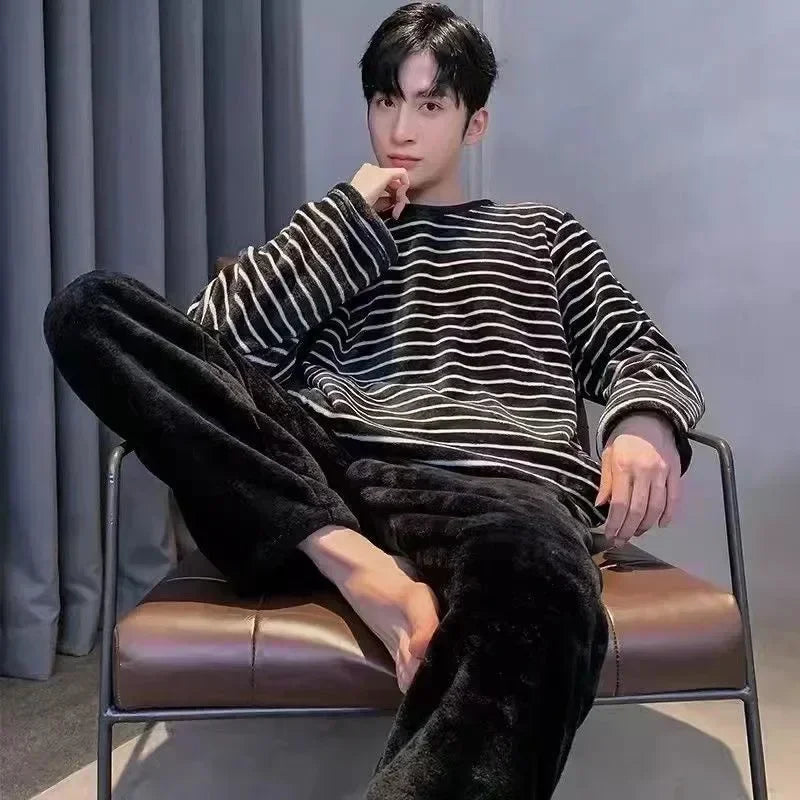 2025 Men's Autumn Winter Warm Flannel Pajama Sets Casual Soft Sleepwear Homewear 2PCS Sets Male Loose Coral Velvet Lounge Sets