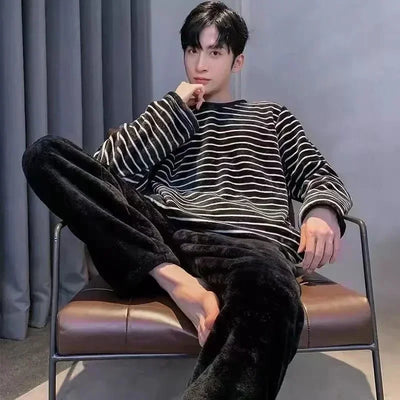 2025 Men's Autumn Winter Warm Flannel Pajama Sets Casual Soft Sleepwear Homewear 2PCS Sets Male Loose Coral Velvet Lounge Sets