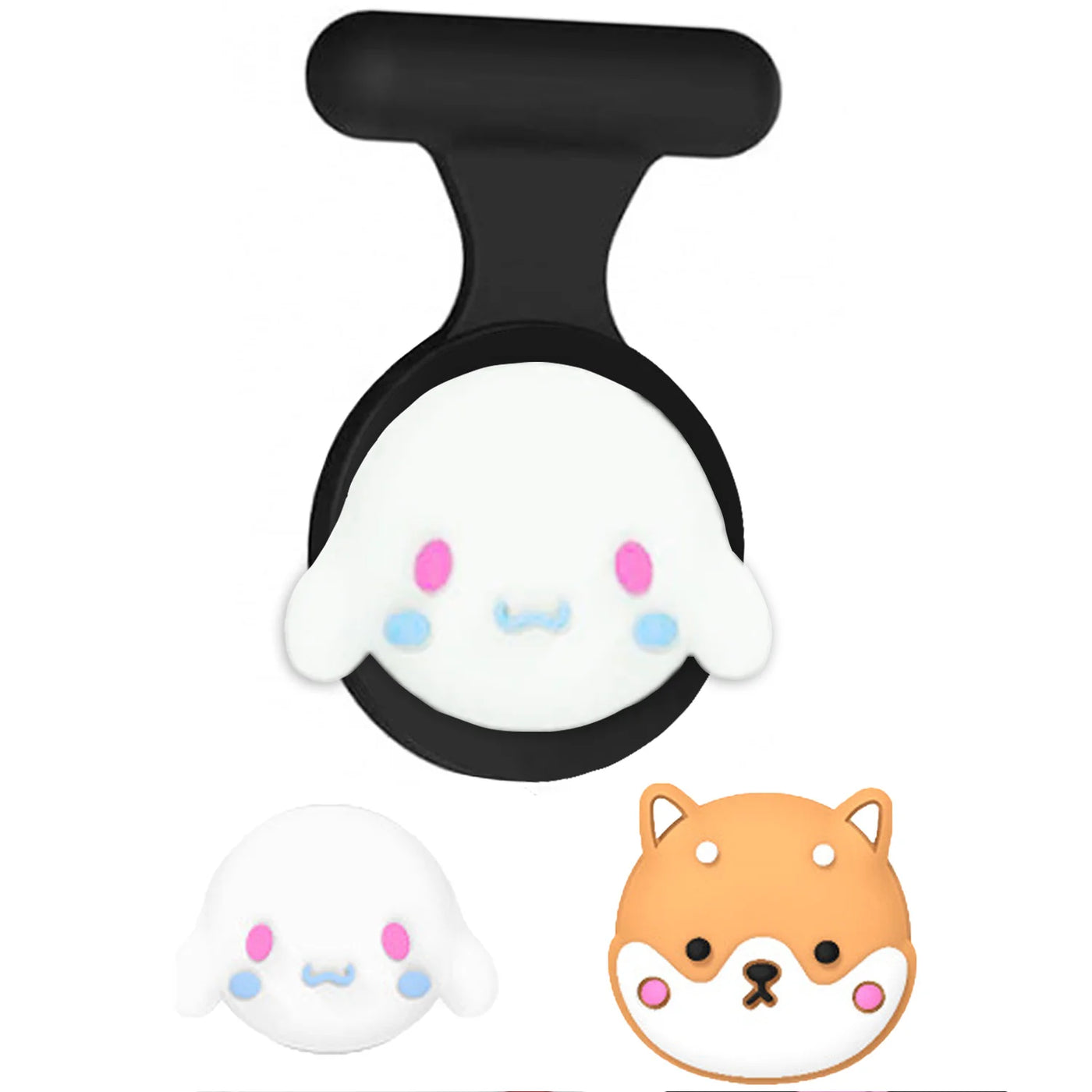 White and black silicone phone grip with cute rabbit and dog designs for AirTag hidden holder