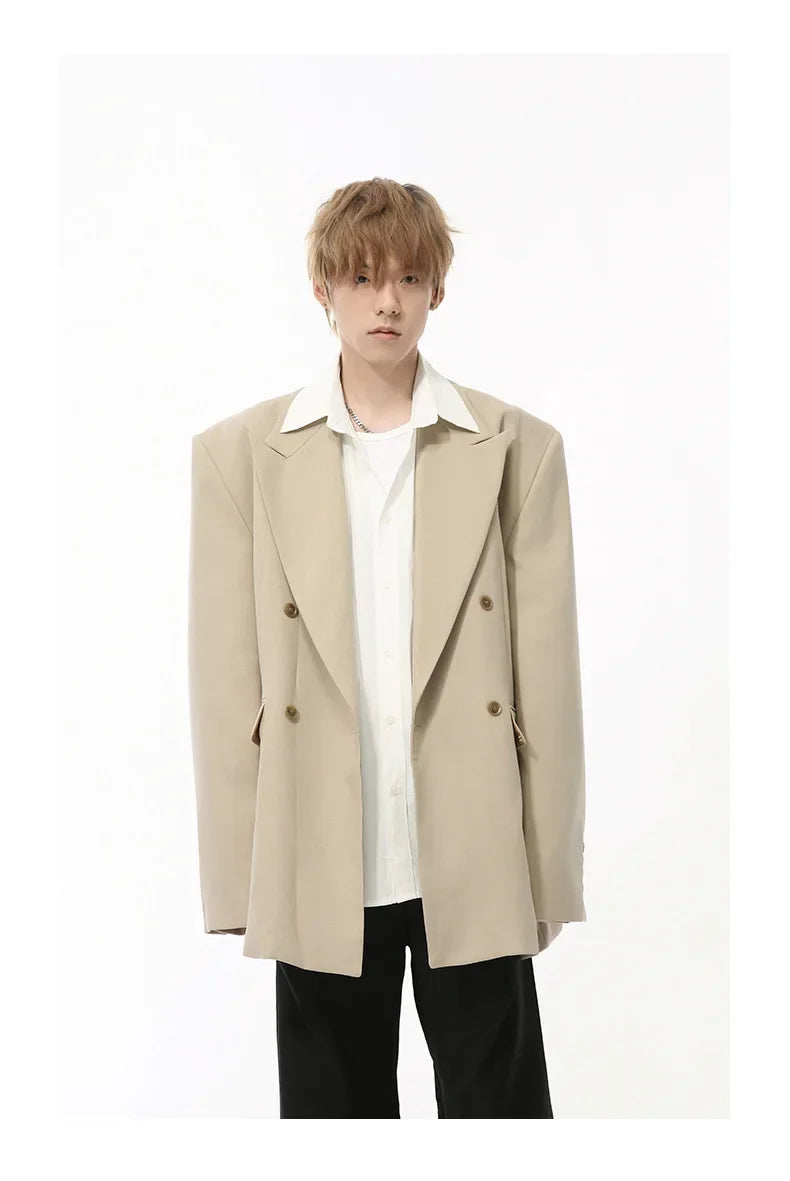 IEFB Korean Style Men's Blazers Double Breasted Shoulder Padded Tops Turn-down Collar Solid Color Loose Male Suit Jackets 9C8669