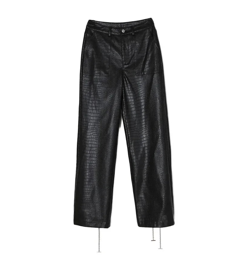Lautaro Autumn Long Black Crocodile Texture Leather Pants Women Zipper High Waist Y2k Clothes Streetwear Women Trousers 2022
