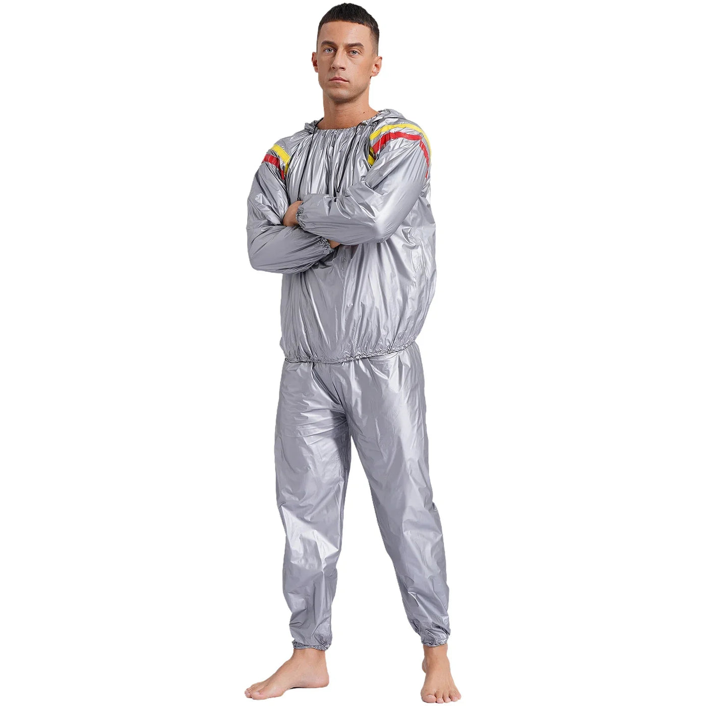 Mens Sauna Sweat Outfit Long Sleeve Hooded Jacket Outerwear and Elastic Waist Long Pants PVC Sweating Suit for Gym Workout