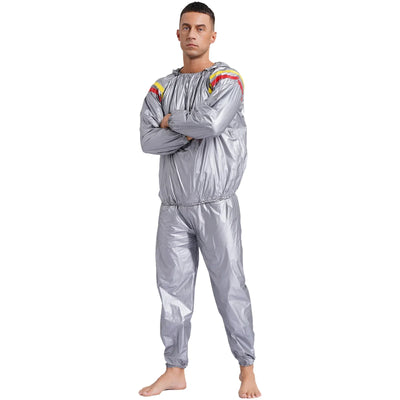 Mens Sauna Sweat Outfit Long Sleeve Hooded Jacket Outerwear and Elastic Waist Long Pants PVC Sweating Suit for Gym Workout