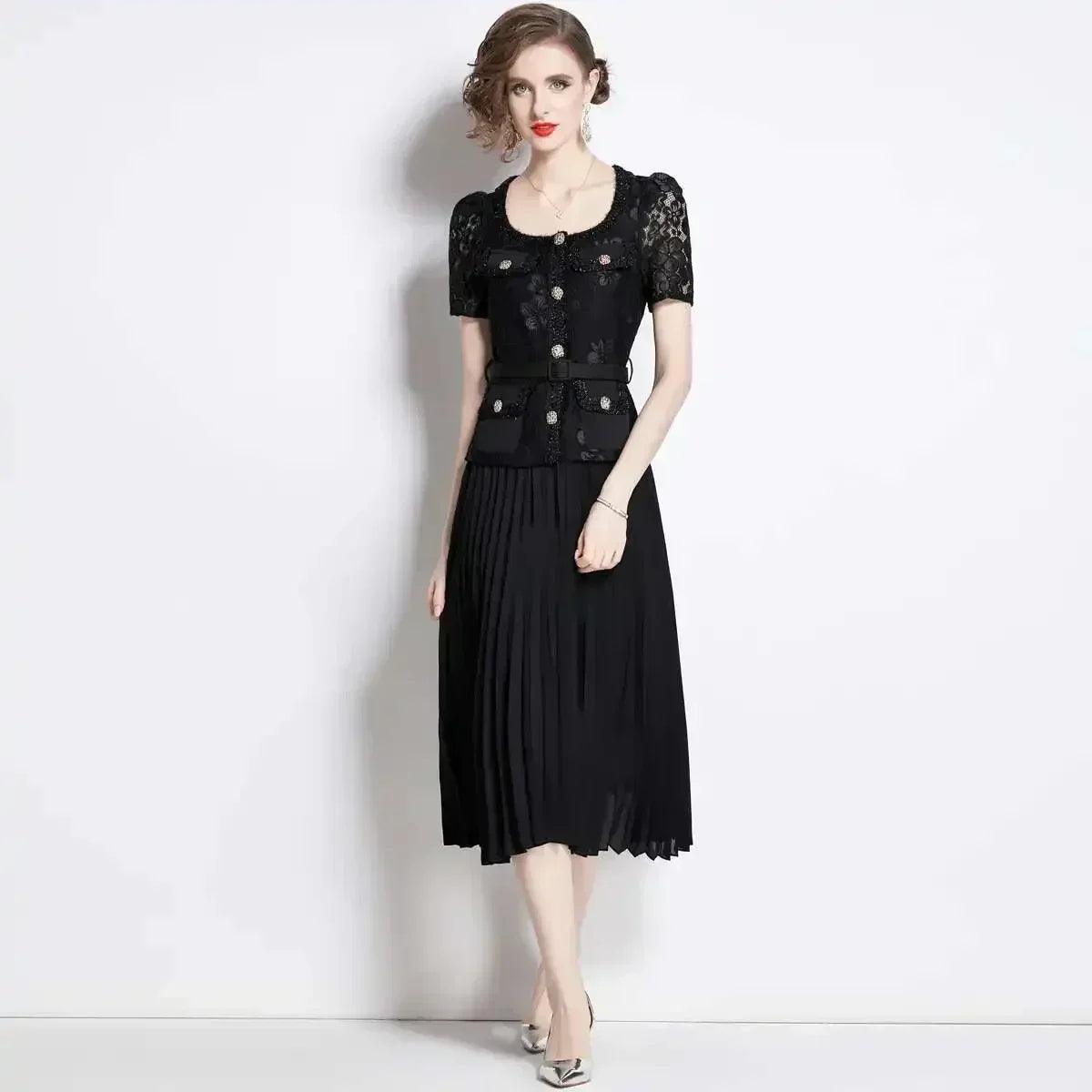 Luxury evening dress women summer vacation short sleeve pleated lace chiffon long dresses white single breasted midi