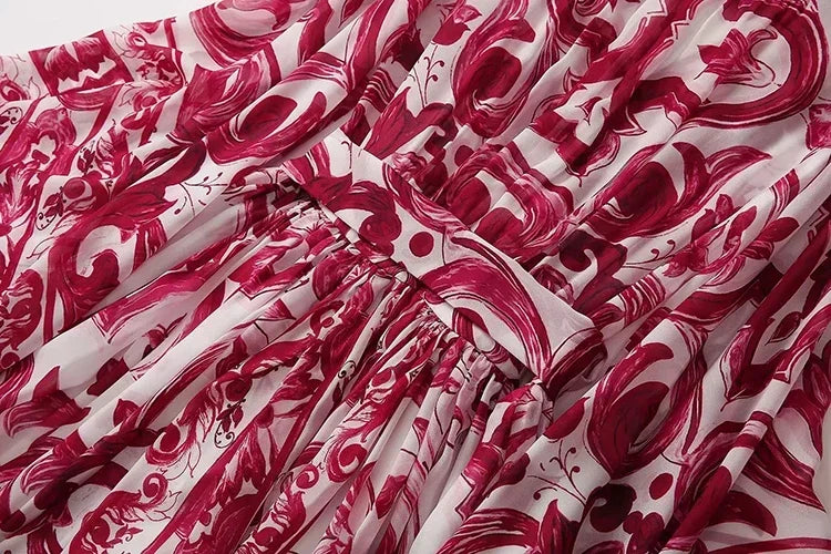 Seifrmann Spring Autumn Designer Women's V-neck Flying sleeve Lace up Print Loose Holiday robe Dresses