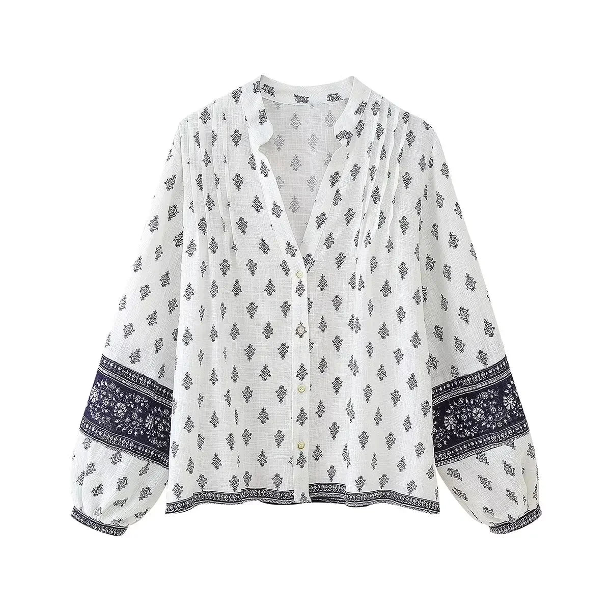 Women's Puffy Sleeve Linen Printed Top