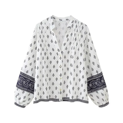 Women's Puffy Sleeve Linen Printed Top