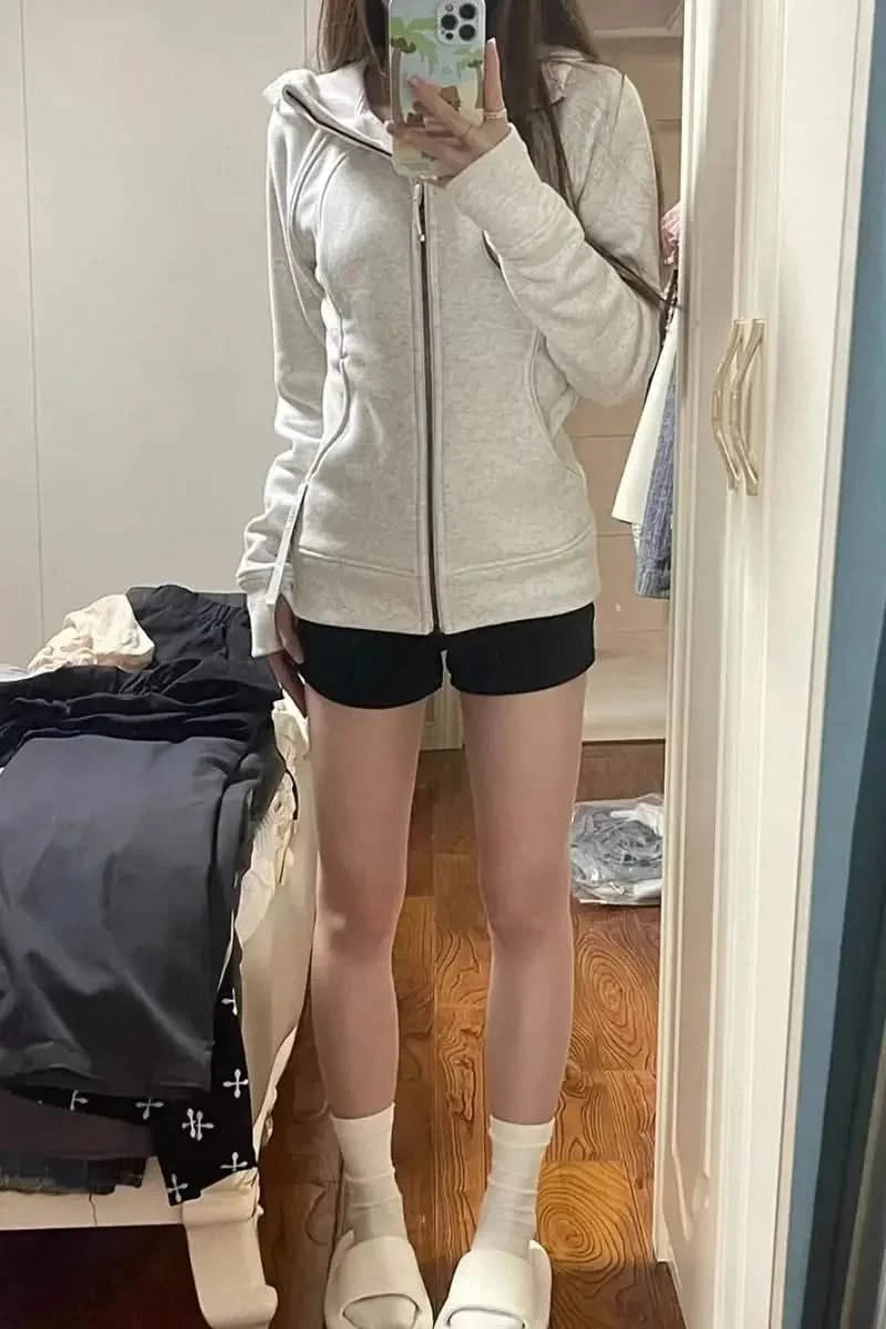 Deeptown American Vintage Cropped Hoodies Women Korean Style Streetwear Grey Zip Up Hooded Sweatshirt Casual Y2k Slim Hood Shirt