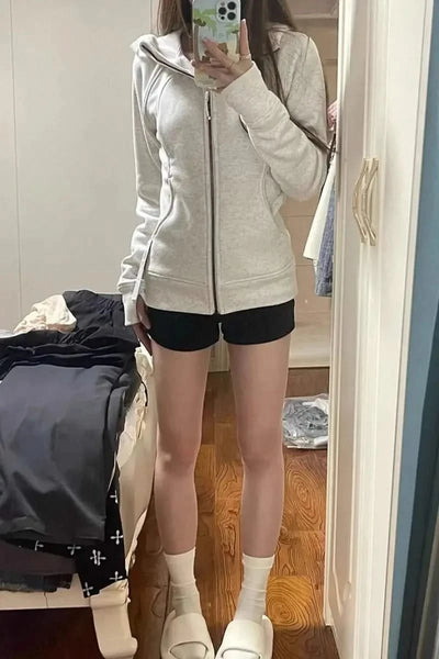 Deeptown American Vintage Cropped Hoodies Women Korean Style Streetwear Grey Zip Up Hooded Sweatshirt Casual Y2k Slim Hood Shirt