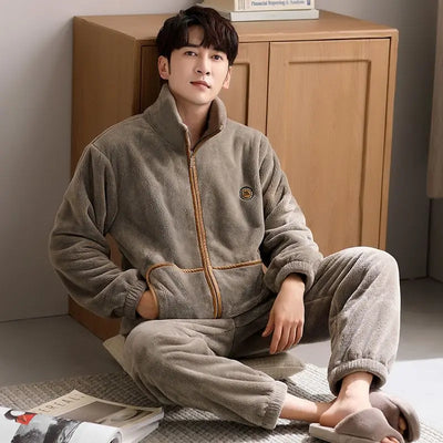 Men's Plush Fleece Pajamas Set Winter Warm Flannel Sleepwear