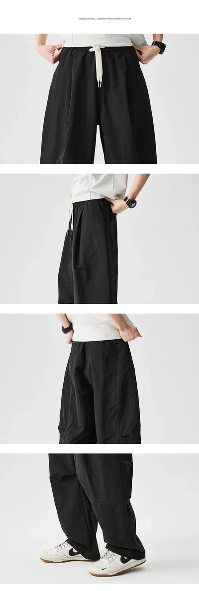 Wide leg Pants Men Harajuku Japanese Style Loose Casual Pants Men Solid Comfortable Elastic Waist Trouser Outdoor Walking Hiking