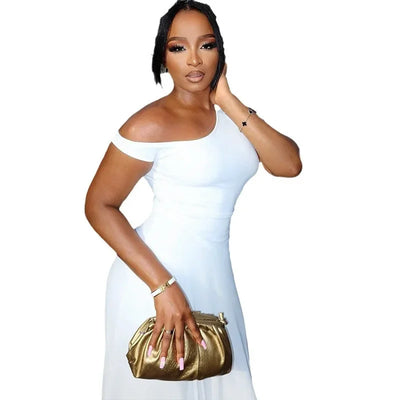 Women Sexy Dresses Summer 2025 Solid Color Sexy Slant Collar Midi Irregular Evening Dress Luxury Elegant Splicing Dress Vestidos