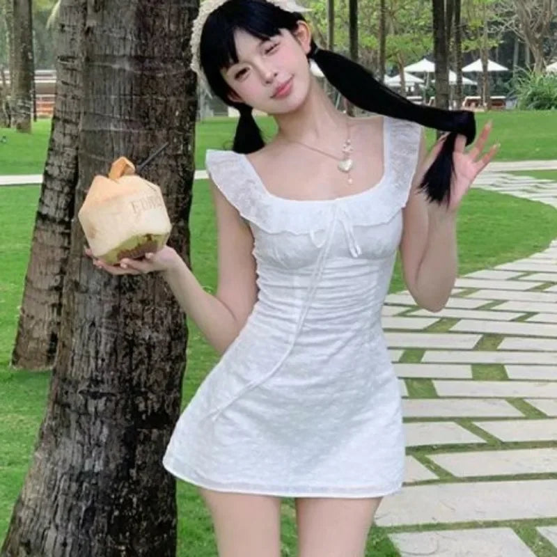 A-line Dresses for Women Skinny Solid Flying Sleeve Summer Korean Style Chic Girls Square Collar Ins Lace-up Mini Lovely