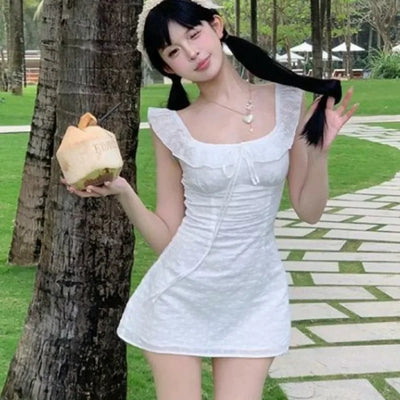 A-line Dresses for Women Skinny Solid Flying Sleeve Summer Korean Style Chic Girls Square Collar Ins Lace-up Mini Lovely