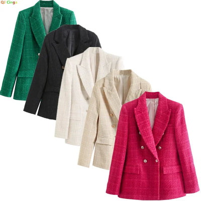 Green Double Breasted Women's Blazer, Beige, Black, Red Women Suit Jacket, Spring Vintage Female Coats