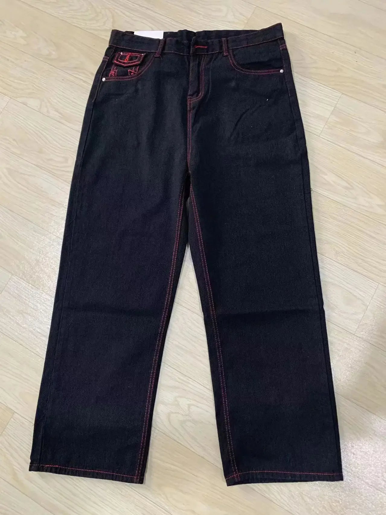 American style trendy jeans men religious Buddha loose denim pants thick line straight leg casual high street jeans men clothing