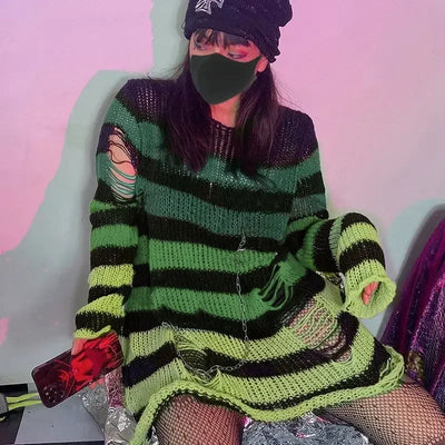 Gothic Sweaters Women Ripped Holes Loose Knitted Purple Striped Pullover Frayed Fairy Grunge Jumpers Emo Streetwear Lolita
