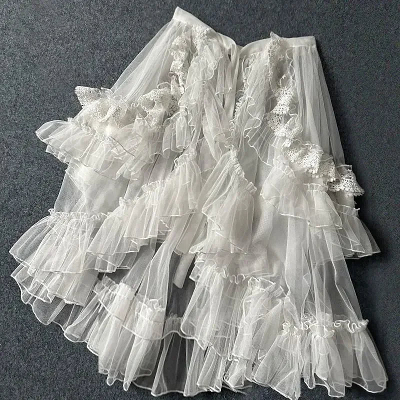 Women Double Layered Lolita Temperament Waist Curtain Sheer Cover Up High Low Skirt w. Asymmetrical Ruffles Skirts 2024 New