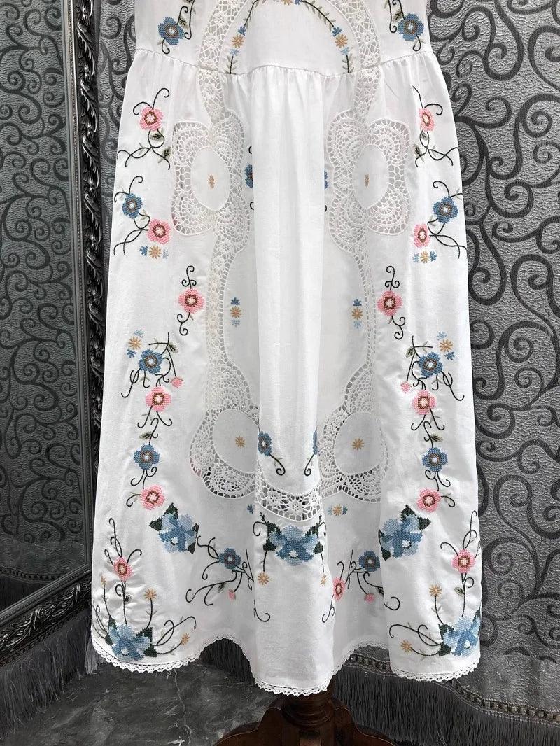 Women Crochet Lace Embroidery Floral White Yellow Dress Linen