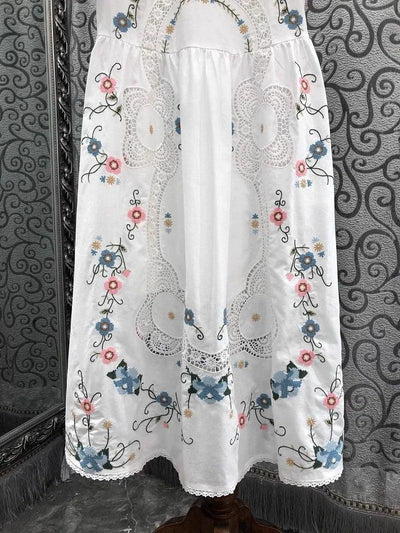 Women Crochet Lace Embroidery Floral White Yellow Dress Linen