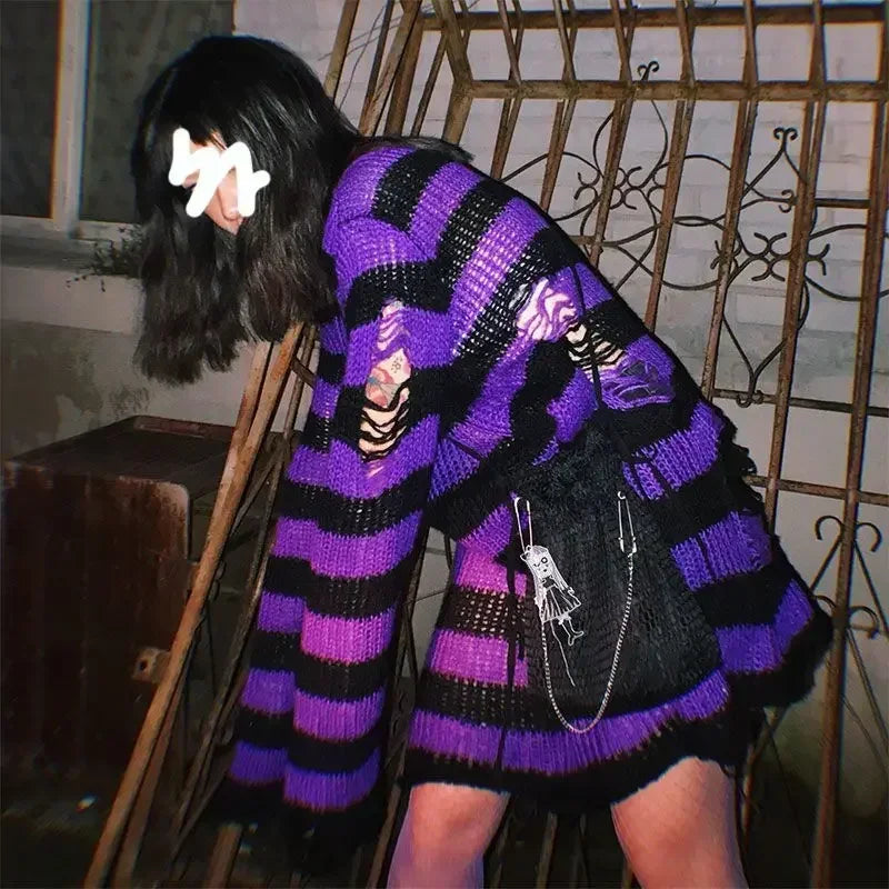 Gothic Sweaters Women Ripped Holes Loose Knitted Purple Striped Pullover Frayed Fairy Grunge Jumpers Emo Streetwear Lolita