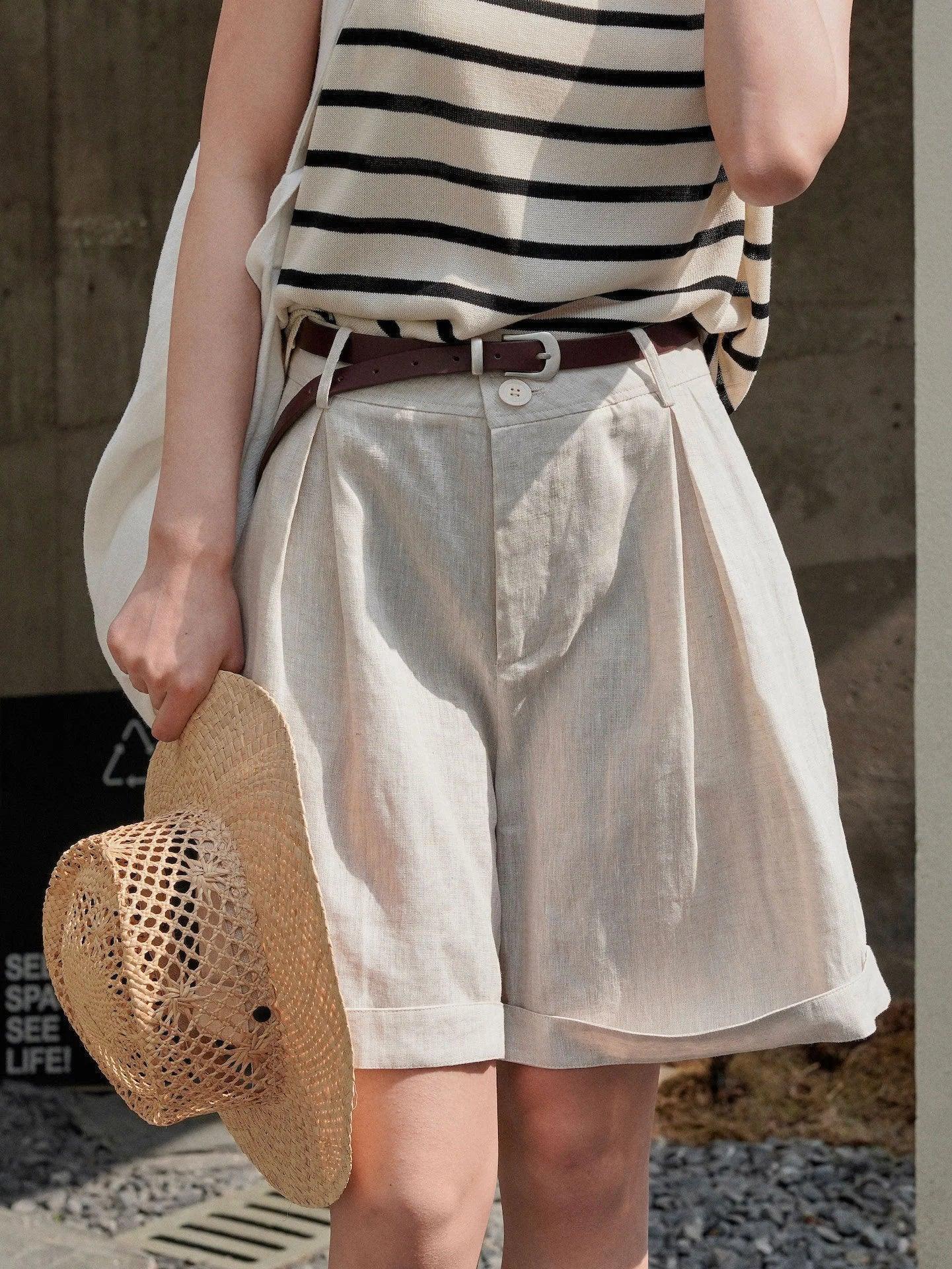 Summer korea style lazy linen curled bermuda shorts wide leg loose slim casual hot pants for women