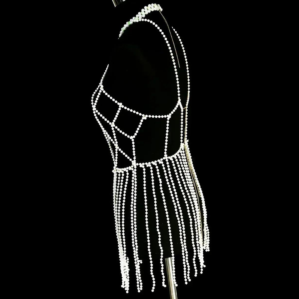 Luxurious a long fringed dress fashion faux pearl women’s body jewelry stage performance outdoor beach party accessories