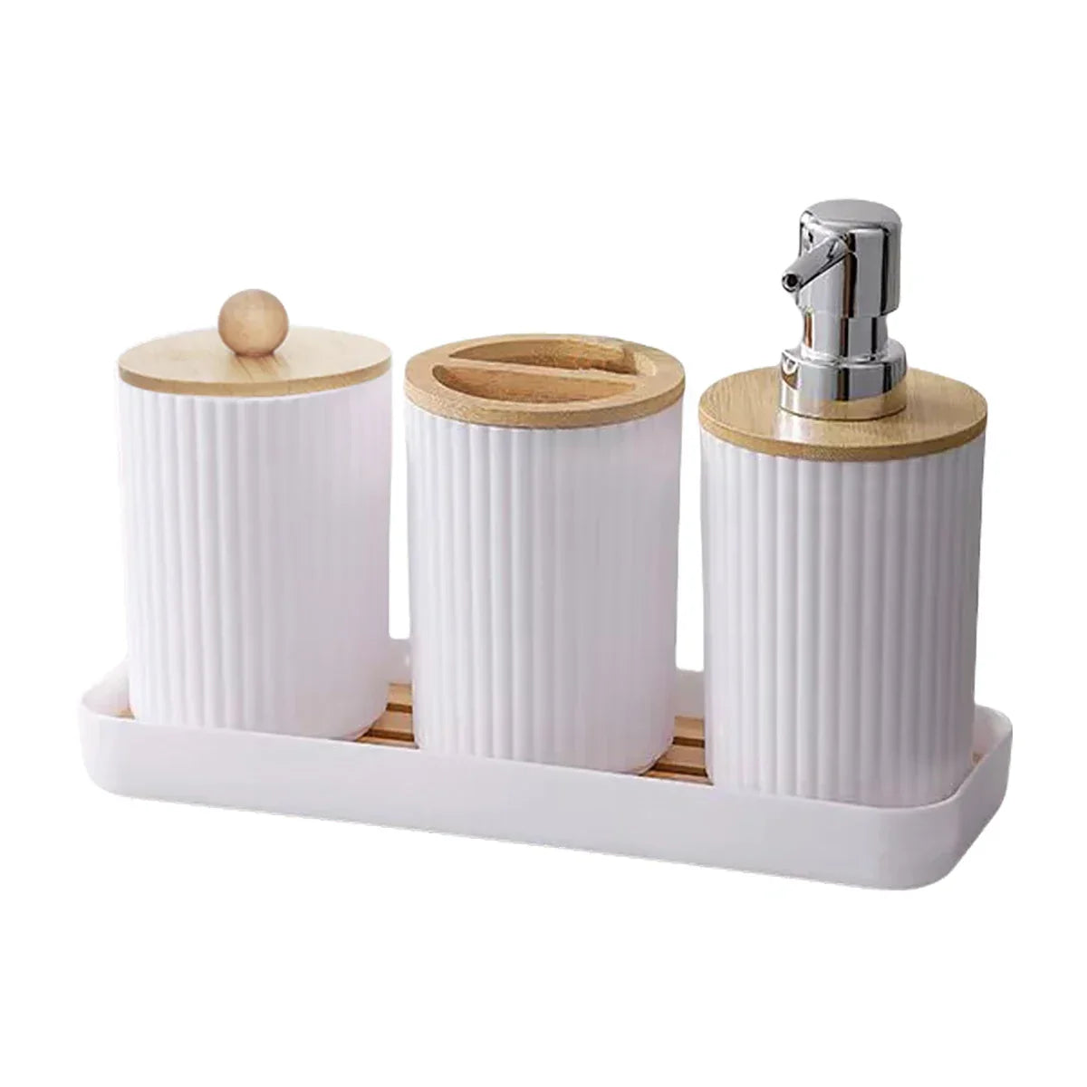 Bathroom Accessories Set Vanity Counter Soap Dispenser Toothbrush Cotton Swab Holder and Tray Set Bathroom Decor Apothecary Jars
