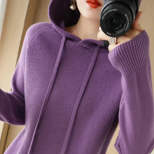 Women Sweater Autumn Winter Thick Warm Long Sleeve Casual Loose Jumpers Hooded Knitted Pullovers Solid Fashion Korean Sweaters
