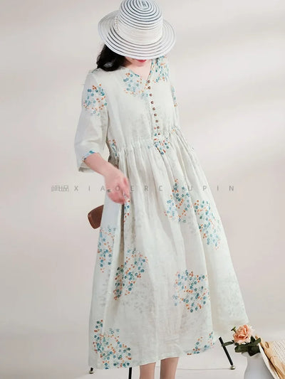 Summer Dress Women 2025 Long Print Elegant Clothing Vintage Elastic Waist Korean Beach Style V-Neck Fashion Robe Ropa De Mujer