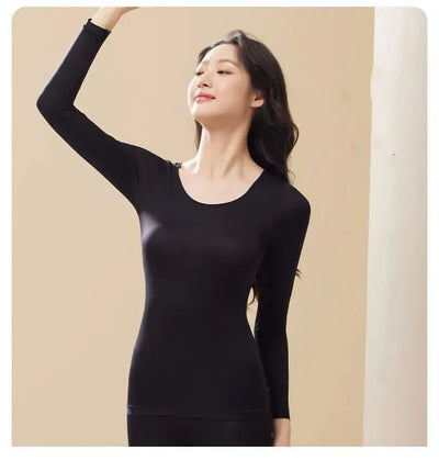Women Thermal Underwear Long Sleeves Bottoming Shirt Pullover Elastic Casual Solid Top