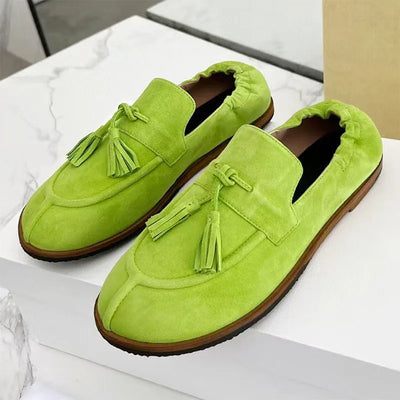 Suede Leather Loafers Woman Fringe Decor Casual Shoes Round Toe Slip-on Daily Lightweight Office & Career Flat Shoes Women