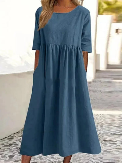 2025 Summer Cotton and Linen Dress Casual Short Sleeve Loose O-Neck Women's Dress with Pockets Simple Solid Midi Dresses 6661#