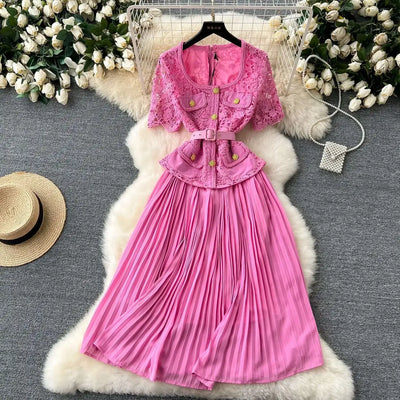 Designer 2025 Summer Pleated Chiffon Lace Long Dress Women Flower Embroidery Gold Button Belt Evening Party Dresses Wedding Robe