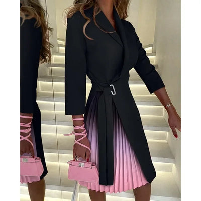 Elegant Women Blazer Dress Office Lady Autumn Winter Long Sleeve Lapel High Waist Corset Belt Folds Party Dress Y2K Chic Clothes