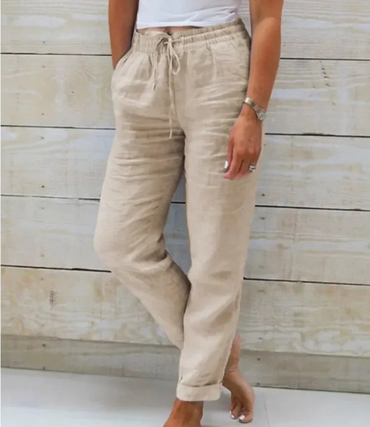 2025 Women's New Cotton And Linen Trousers Women's High Waist Elastic Casual Trousers Fashionable Street Breathable Loose Pants