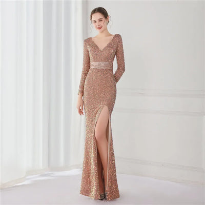 DEERVEADO Sexy Slit V Neck Black Sequins Evening Dress Women Mermaid Maxi Party Dresses Long Prom Dress