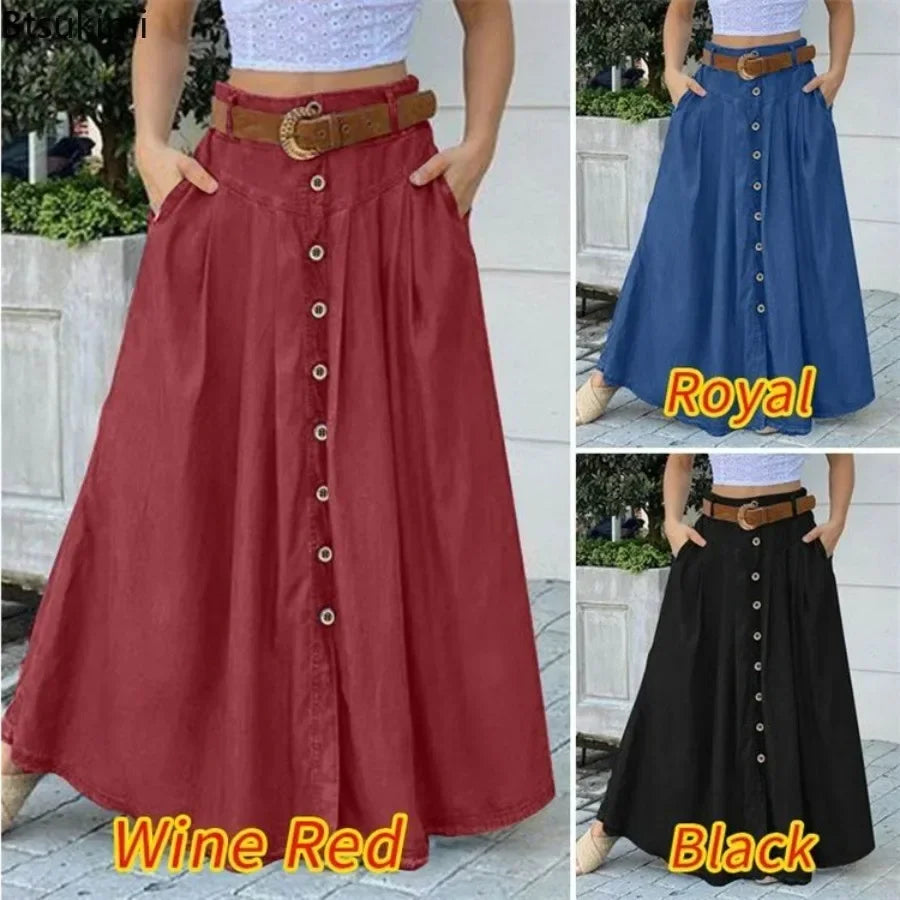 New 2025 Long Skirts for Women Oversized Spring Summer Button Sundress Casual High Waist Skirt Solid Female Elegant Party Robe