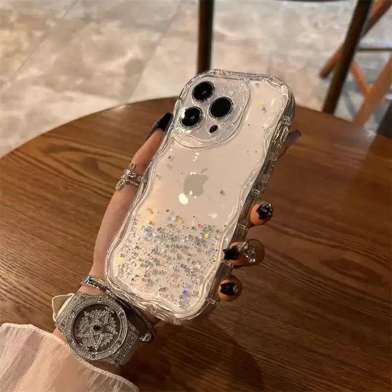 Glitter Wavy Lines Phone Case For iPhone 16 15 14 13 12 Pro Max Bumper Transparent Cases Cover