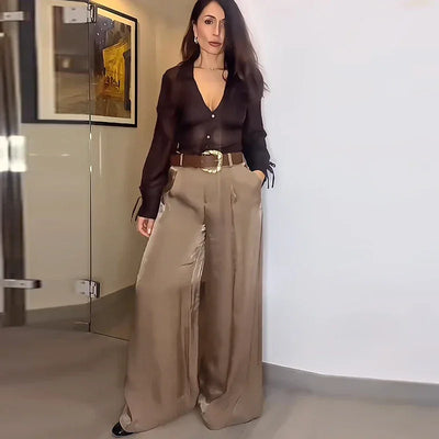 TRAF Women's Pants High Waist Wide Leg Pants with Belt Satin Long Trousers Pockets Casual Baggy Pants Summer Elegant Lady Pants