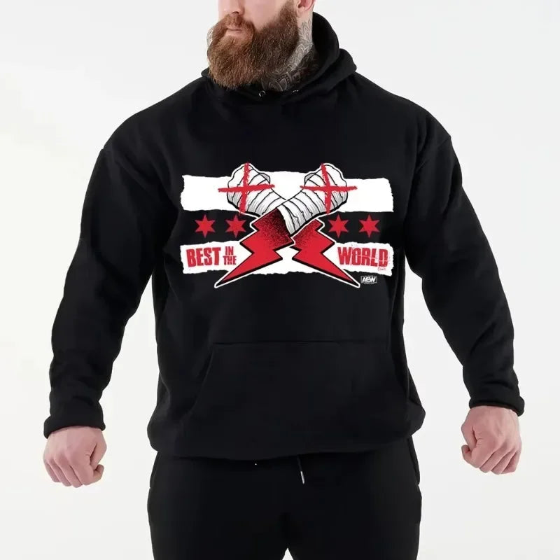 Men's Black Hooded Sweatshirt Street Casual Sportswear Printed with Famous Wrestler's Print CM Return Autumn and Winter Novelty