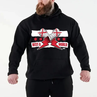 Men's Black Hooded Sweatshirt Street Casual Sportswear Printed with Famous Wrestler's Print CM Return Autumn and Winter Novelty