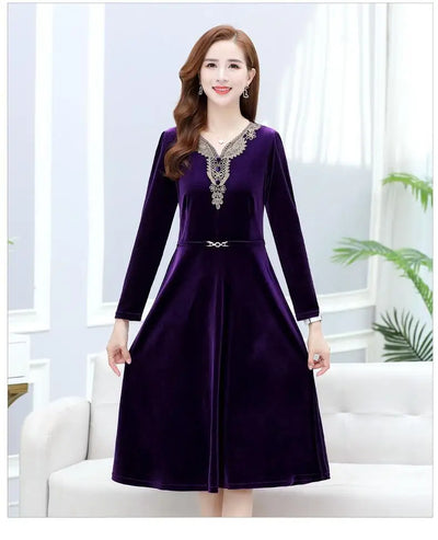 Elegant Purple Velvet Dress With Embroidered Lace V Neck And Belted Waist For Women Autumn Winter Casual Wear