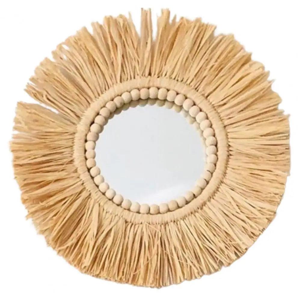 Home decor hanging mirror raffia wood beads acrylic multifunct decorative decorations bedroom wall room