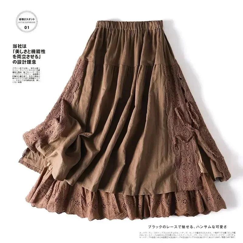 Vintage chic embroidery linen cotton long skirts women summer elastic high waist pleated maxi skirt female elegant