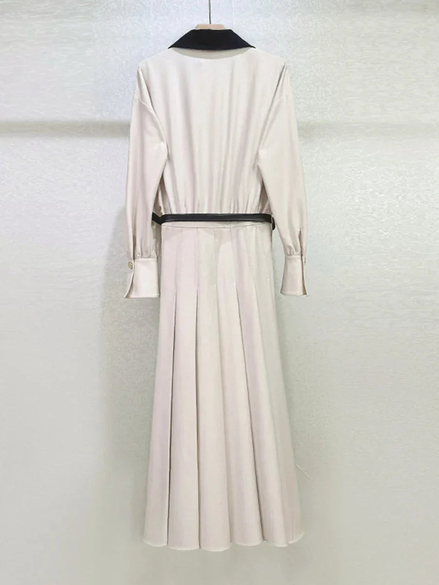 VGH Designer Slimming Hit Color Spliced Belt Long Dresses For Women Lapel Long Sleeve High Waist Temperament Dress Female New